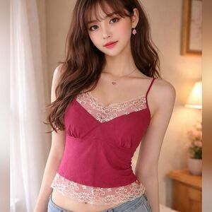 Romantic Babydoll Lace Trim Pink Cami Tank Top Y2K Feminine Festival